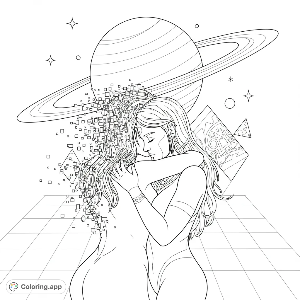 An ethereal cosmic embrace coloring page featuring one figure dissolving into pixels against a backdrop of planets and geometric patterns. A unique, free printable coloring page.