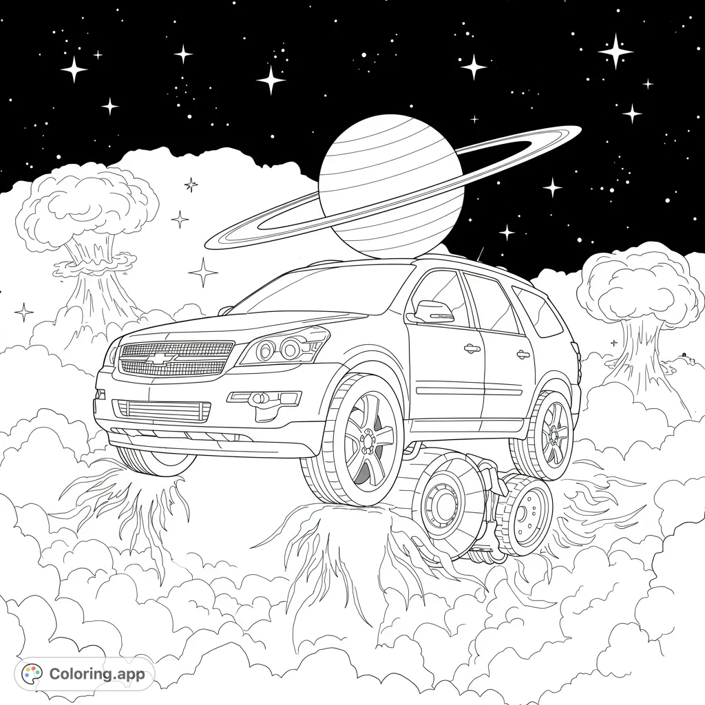 A futuristic SUV floats through a starry cosmic sky with a ringed planet and whimsical cloud formations. A unique space vehicle coloring page.