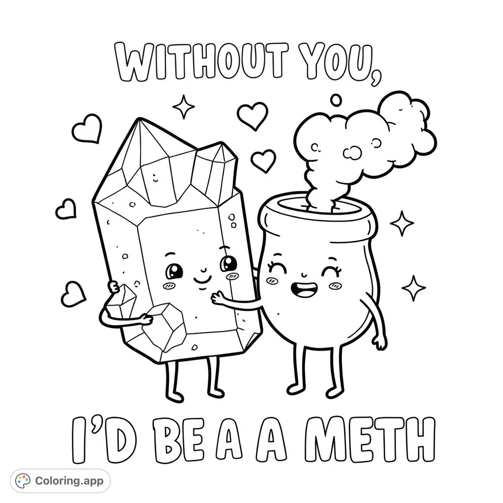 An adorable crystal and a friendly pot embrace, surrounded by hearts and stars. A charming, free printable friendship coloring page for all ages.