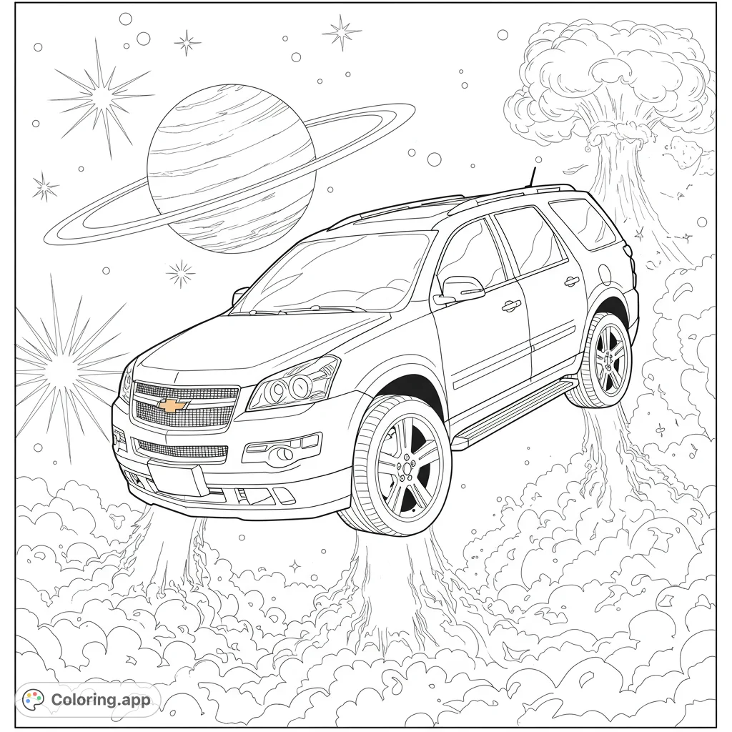 An exciting futuristic vehicle coloring page featuring a flying SUV amidst planets and stars, with propulsion clouds and a distant mushroom cloud.