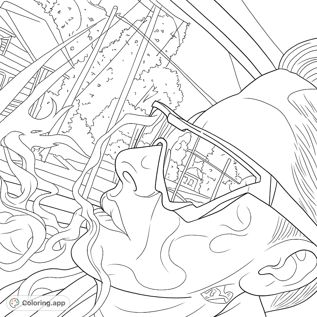 A dynamic futuristic cityscape coloring page featuring a person with sleek reflective glasses, capturing an urban reflection amidst flowing lines.
