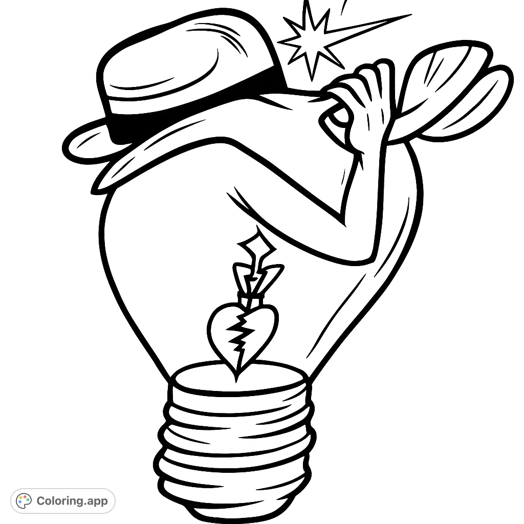 A unique lightbulb character in a fedora, holding feathers, with a broken heart filament. A symbolic and expressive free printable coloring page.