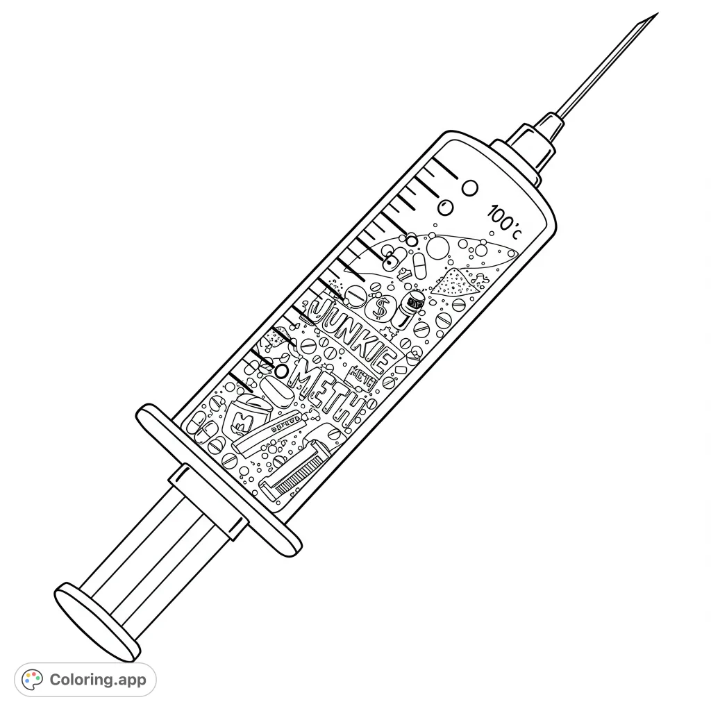 An intricate syringe coloring page filled with detailed objects and text, offering a complex challenge for adult colorists. A unique free printable coloring page.