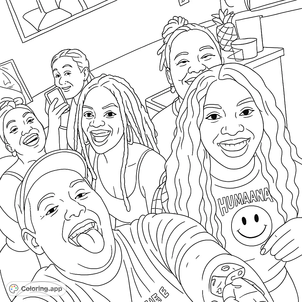 A vibrant group of friends captures a joyful selfie, perfect for celebrating friendship and happy moments. A fun, free printable friendship coloring page.