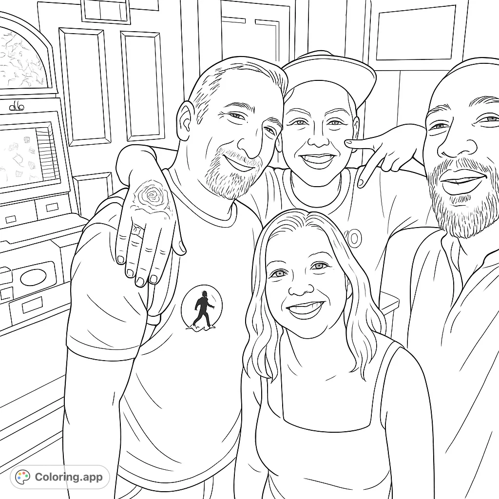 Capture the joy of friendship with this group selfie coloring page. Four smiling individuals in a lively indoor setting, perfect for personalizing with vibrant colors.
