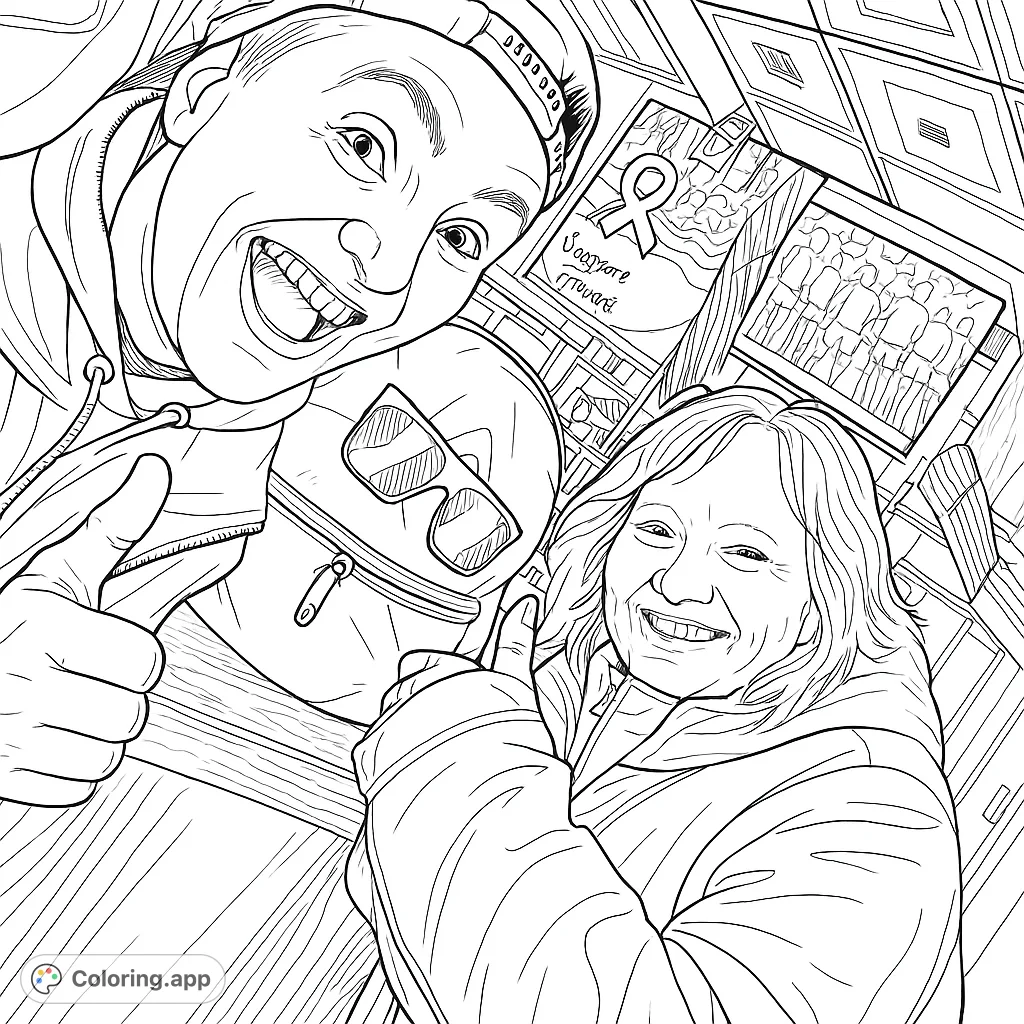 Two smiling people capture a joyful selfie moment, featuring a backpack and framed pictures. A fun, free printable selfie coloring page for all ages.