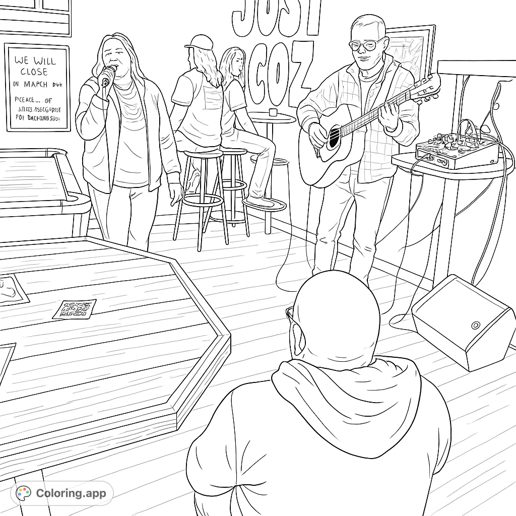 Experience a vibrant live music bar scene featuring a singer, guitarist, and audience. A free printable live music coloring page for all ages.