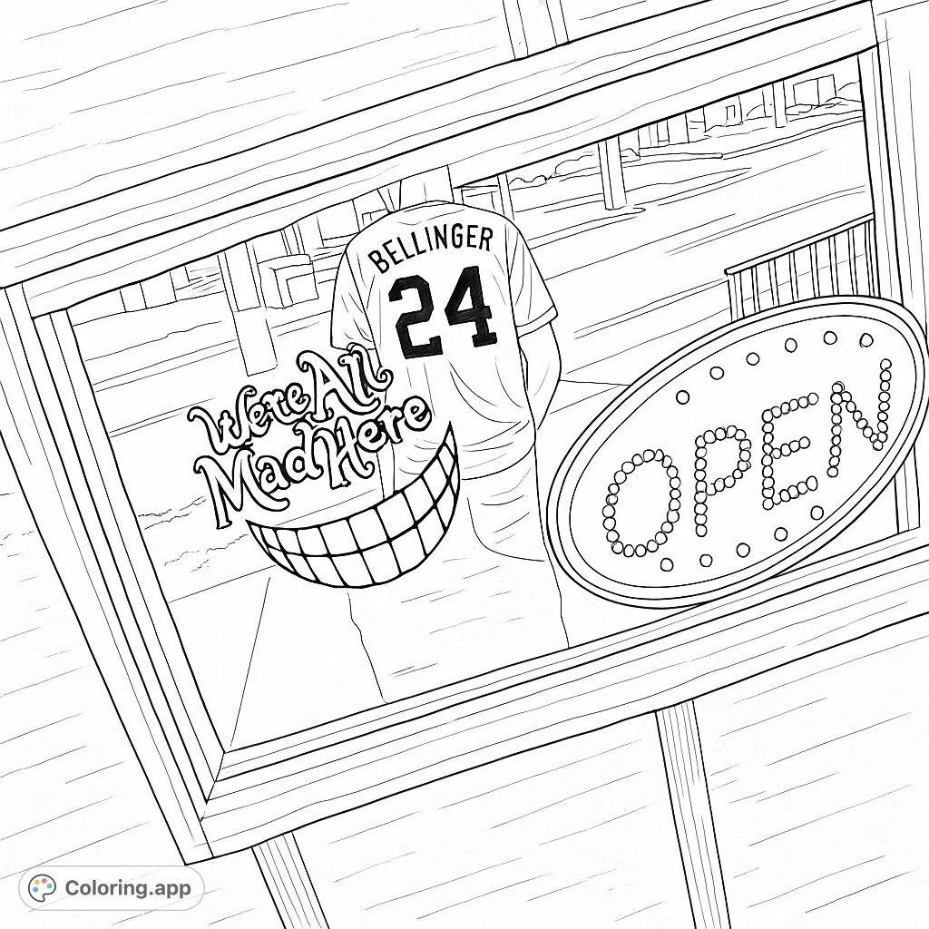 A unique free printable coloring page featuring a baseball jersey, a whimsical grinning mouth with 'We're All Mad Here,' and an 'OPEN' sign seen through a window.