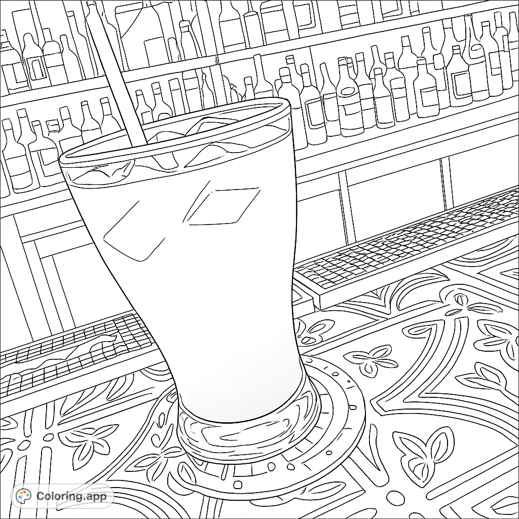 A detailed bar scene coloring page featuring a tall drink with ice on a patterned counter, backed by shelves of bottles. Perfect for adults.