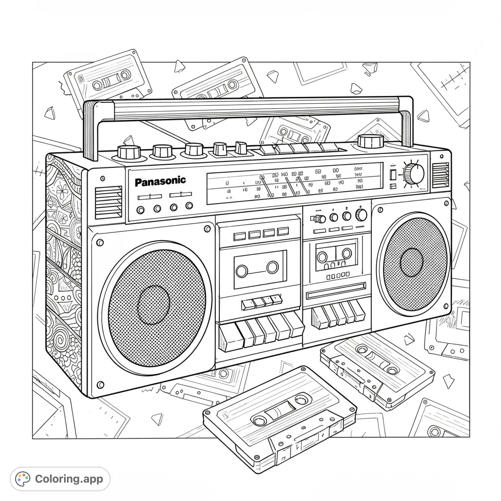 Step back in time with this detailed retro boombox coloring page, featuring classic cassette tapes and intricate patterns. A free printable coloring page for all ages.