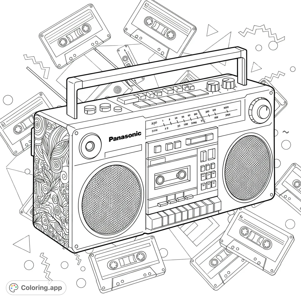 Detailed retro boombox with cassette tapes and geometric patterns, perfect for a nostalgic 80s coloring experience. Free printable coloring page.