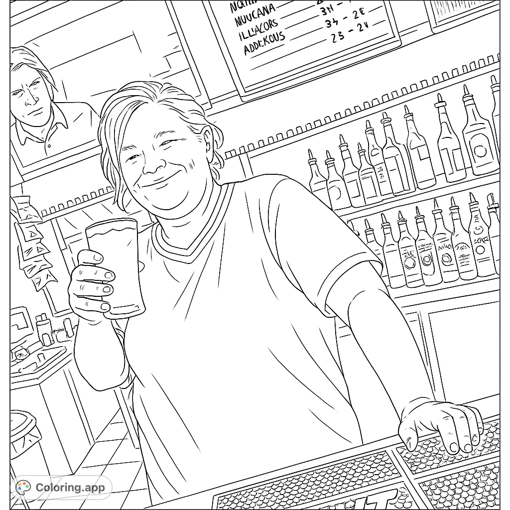 A friendly bartender smiles, holding a drink behind a busy bar. Features bottles, a menu, and a textured counter, perfect for detailed coloring.