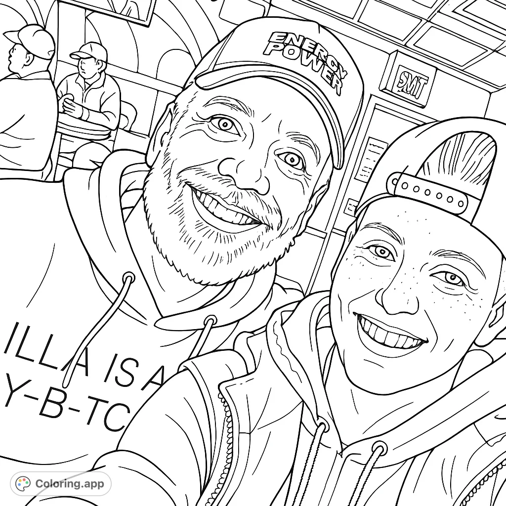 A heartwarming portrait coloring page of two smiling individuals, perfect for personalizing. A free printable coloring page for all ages.