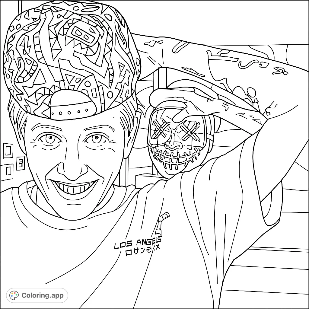 A cool person in a patterned cap smiles, holding an eerie mask. A unique, free printable coloring page for urban art and mystery fans.