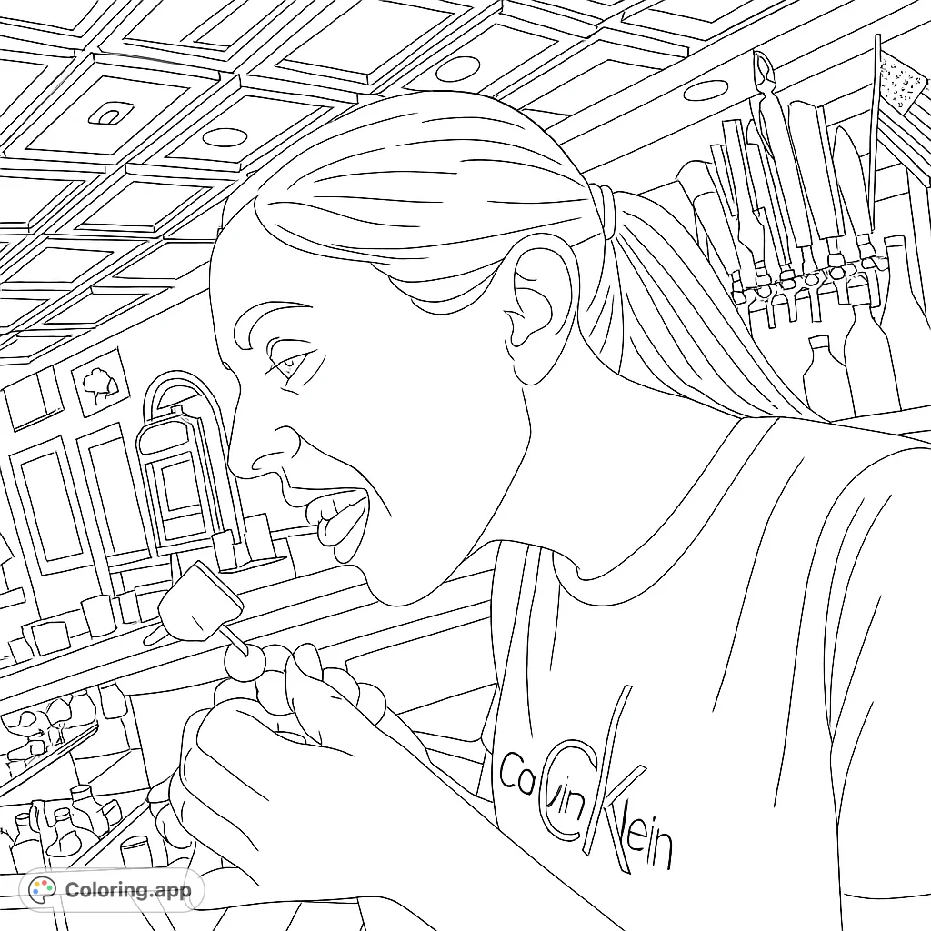 A person enjoys a snack at a lively bar, featuring detailed taps, bottles, and a patterned ceiling. A fun, free printable bar scene coloring page.