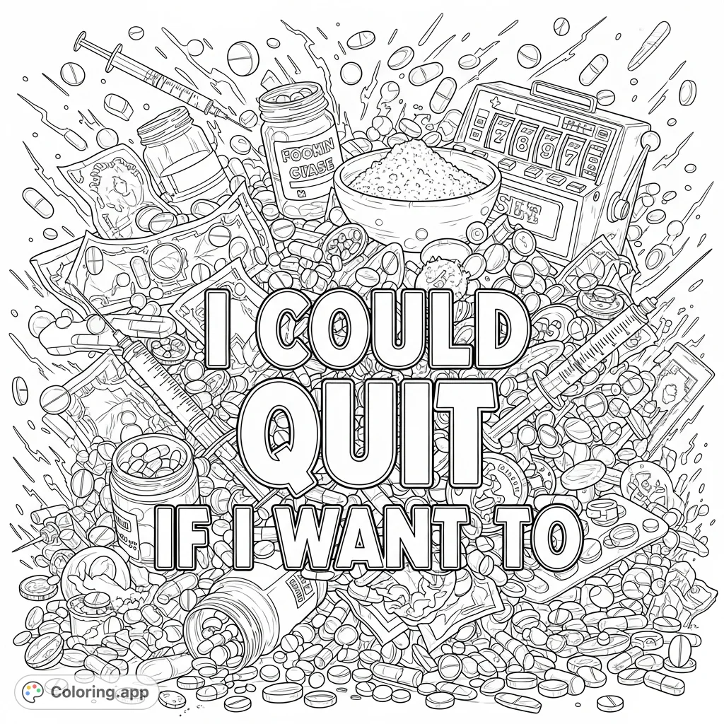 A powerful, detailed coloring page depicting a chaotic pile of pills, money, and syringes surrounding the text "I COULD QUIT ...