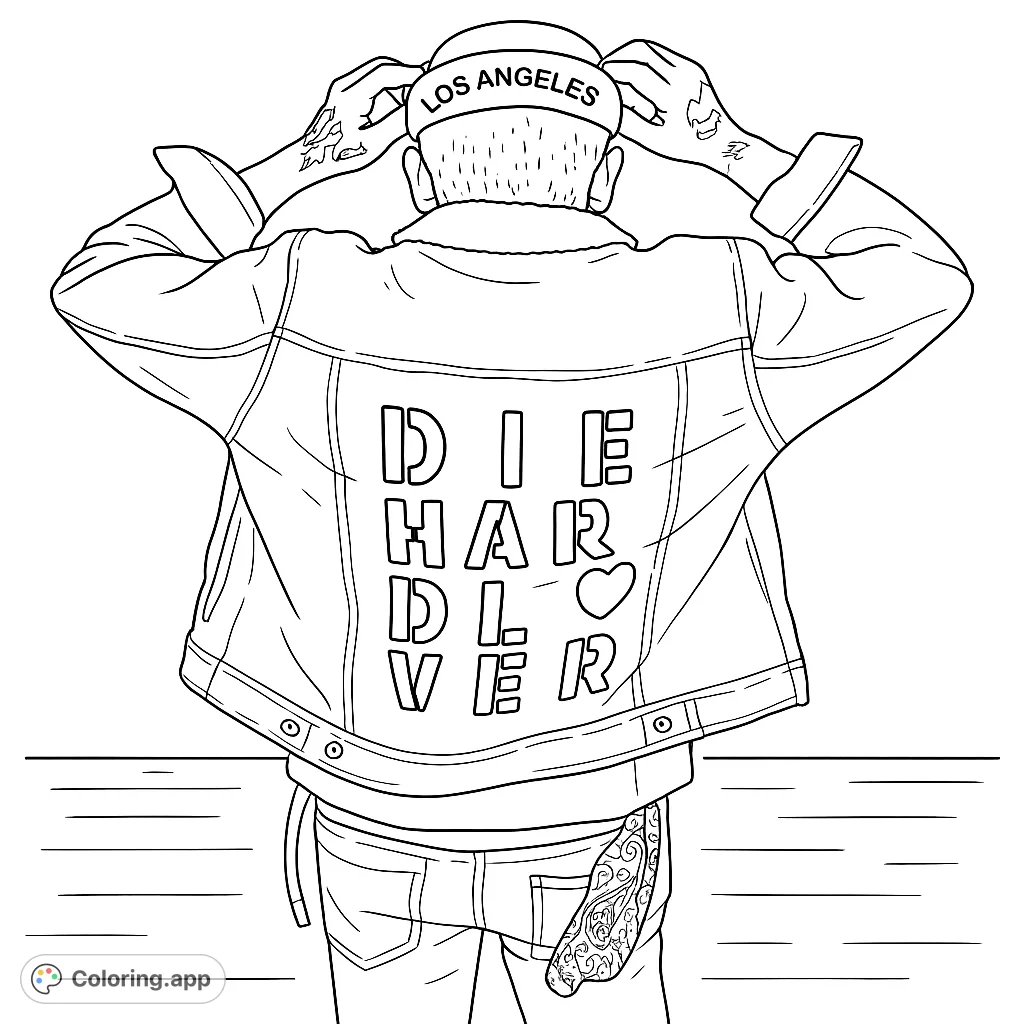Cool urban style coloring page featuring a person in a denim jacket with a unique design, adjusting a Los Angeles headband. Free printable for all ages.
