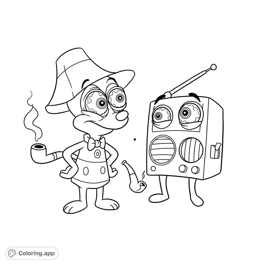 A whimsical cartoon character coloring page featuring a dog-like figure and a sentient radio, both with unique gear-like eyes and pipes.
