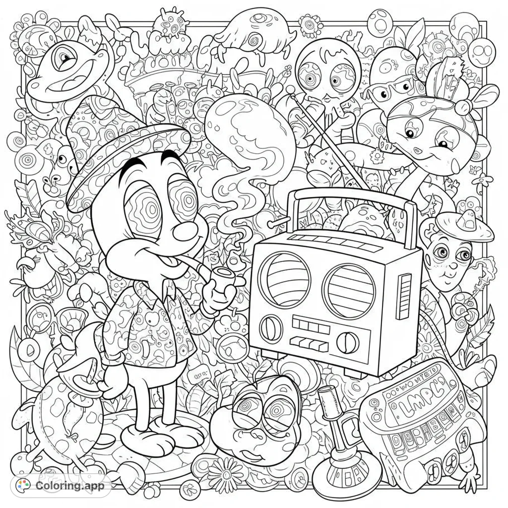 A whimsical character with swirly eyes and a pipe, surrounded by a psychedelic doodle party with a boombox and quirky creatures. Free printable coloring page.