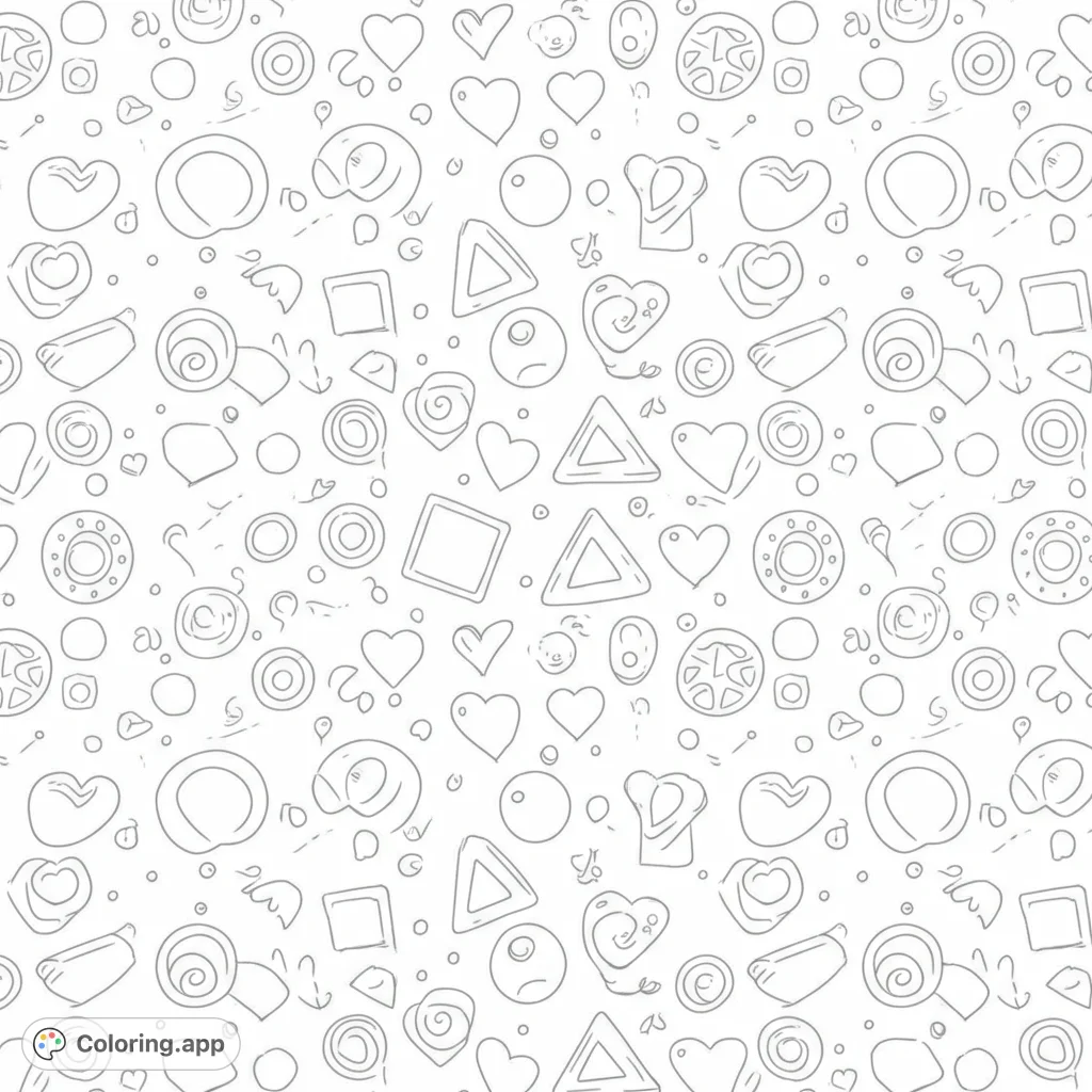 A playful pattern of hand-drawn hearts, circles, squares, and spirals, perfect for creative coloring fun. Explore a whimsical world of shapes!