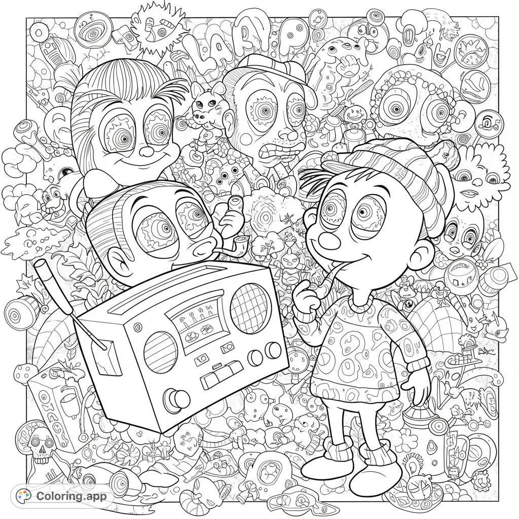 A whimsical doodle art coloring page featuring quirky characters with swirly eyes and an old radio, set against a chaotic, intricate background.