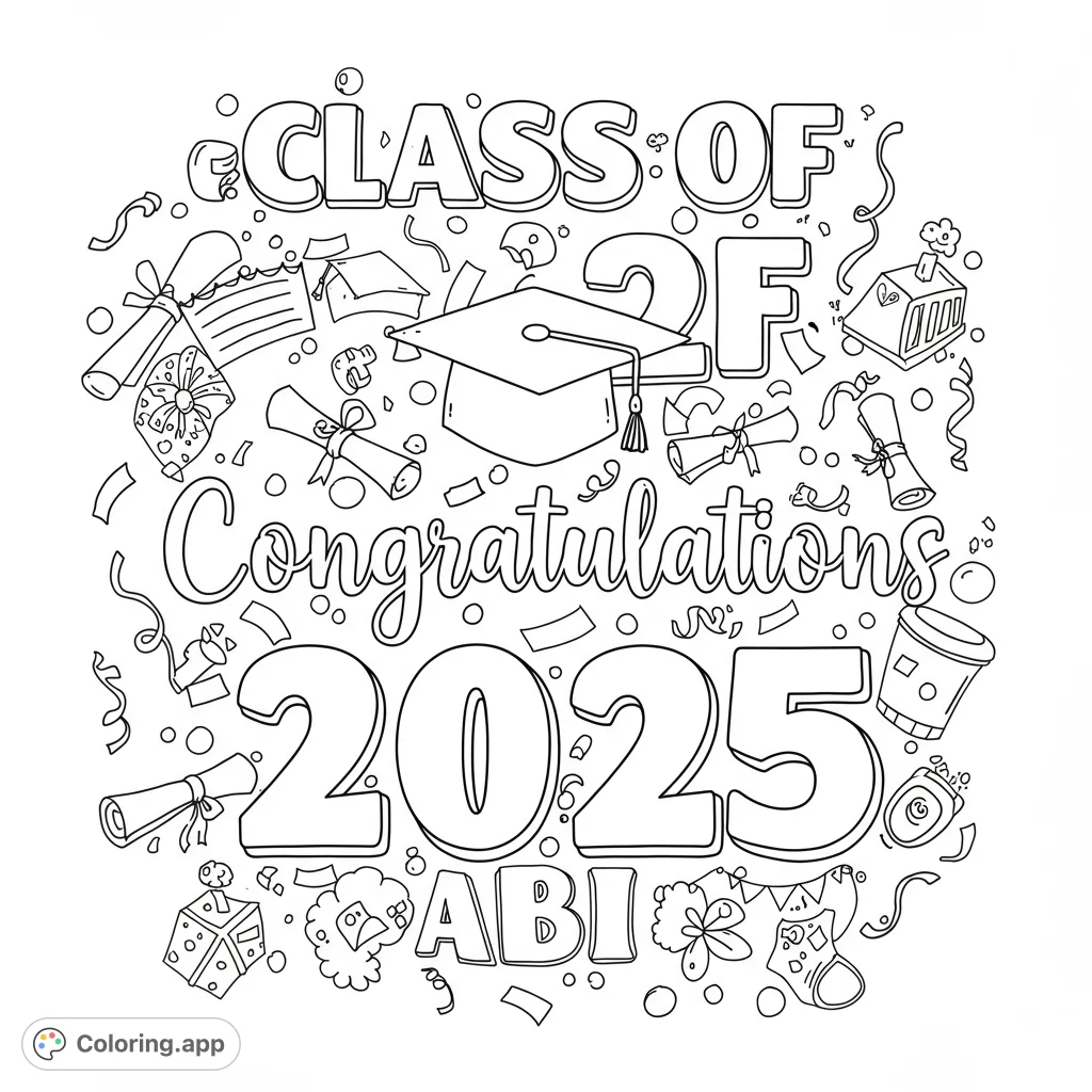 Celebrate academic success with this detailed graduation coloring page! Features caps, diplomas, and confetti for a festive, free printable experience.