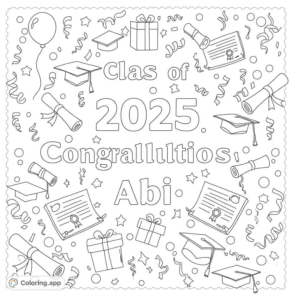 A festive graduation celebration coloring page filled with caps, diplomas, gifts, and confetti, perfect for celebrating academic achievements.