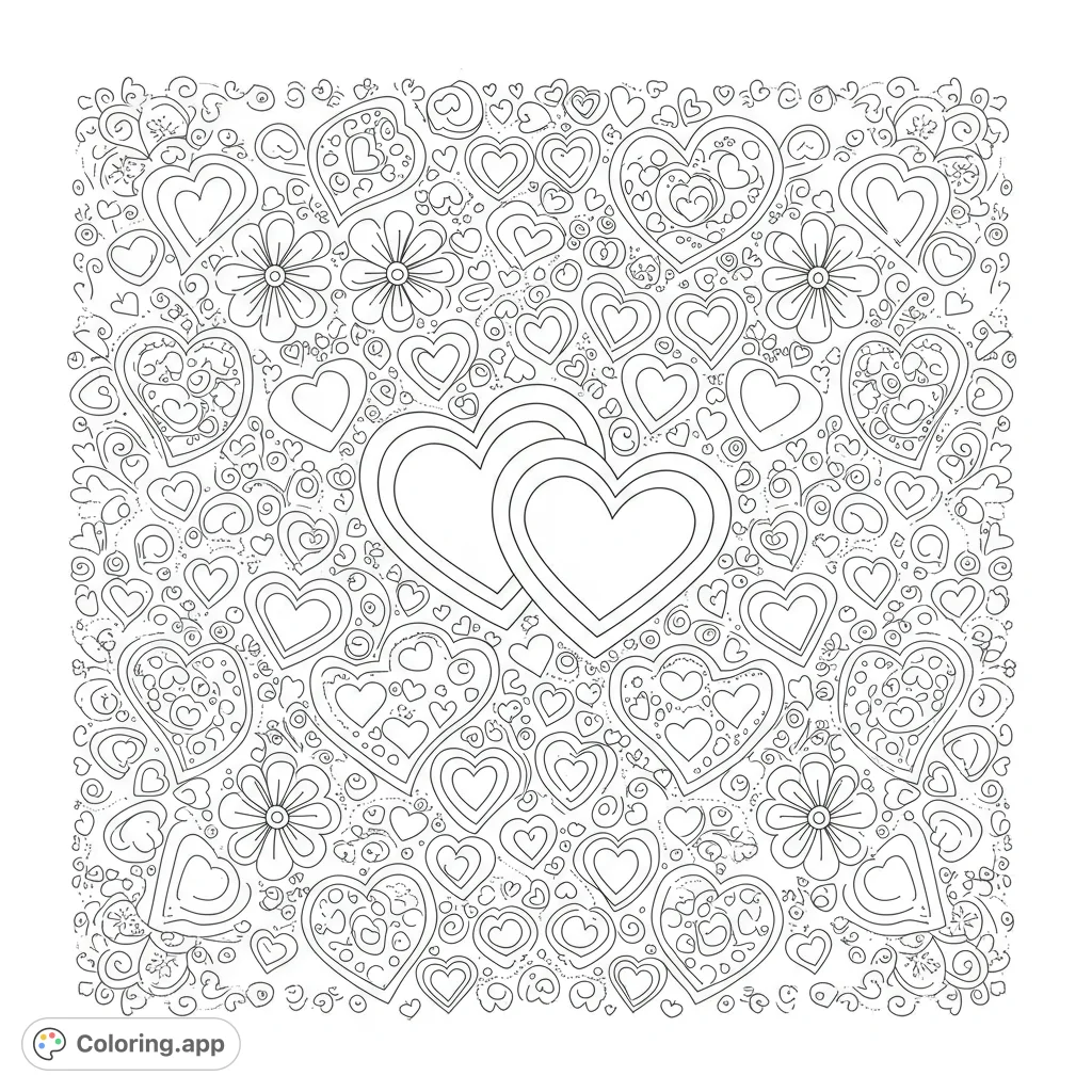 A beautiful black and white coloring page featuring a pattern of hearts and flowers. Perfect for kids and adults to enjoy and express their creativity.