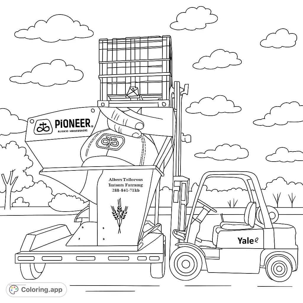 Detailed farm machinery coloring page featuring a large seed tender and a forklift, set against a simple rural background with clouds. Perfect for agriculture enthusiasts.
