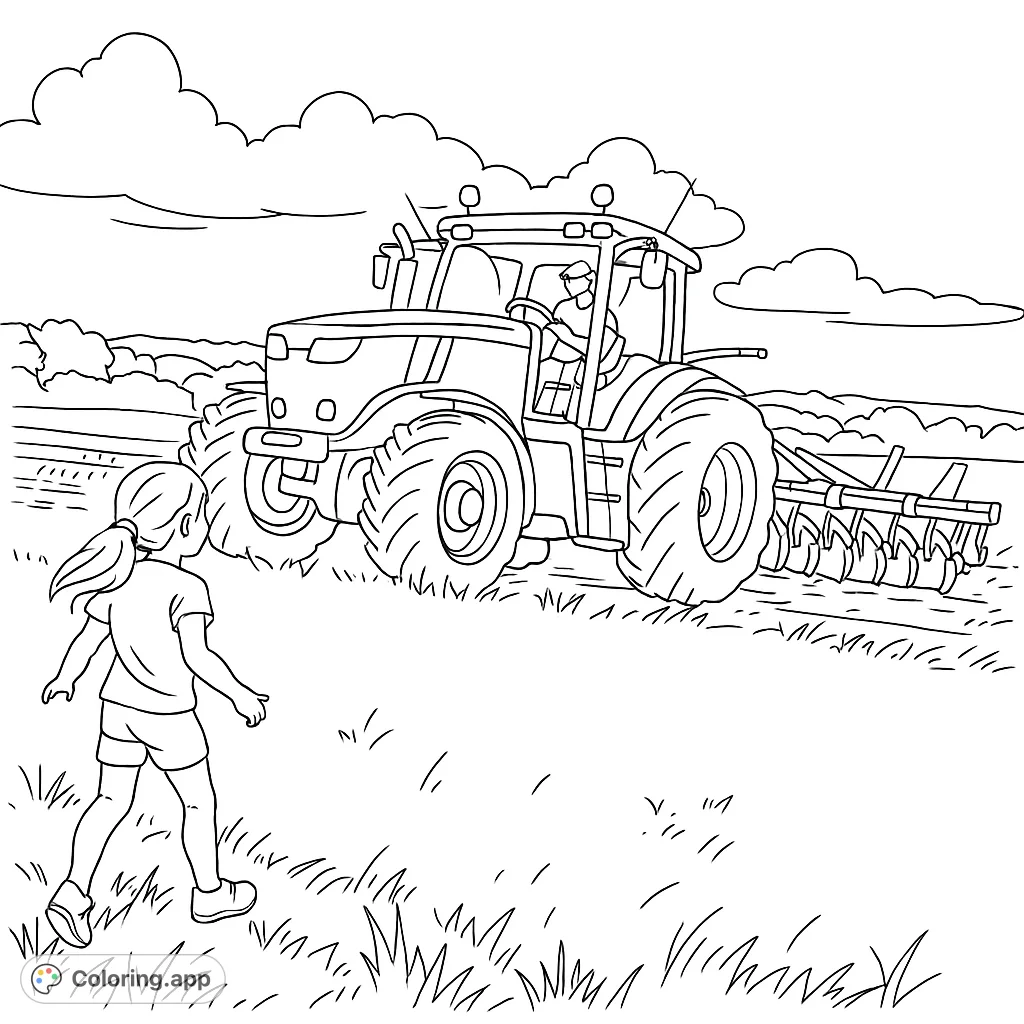 A detailed farm tractor plows a field, observed by a curious girl. Perfect for a free printable farm coloring page, great for kids and adults.