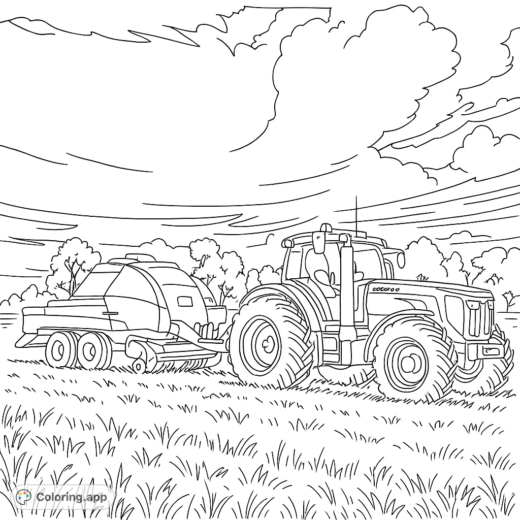 A detailed farm tractor pulling a large implement across a field under a cloudy sky, perfect for a free printable farm coloring page.