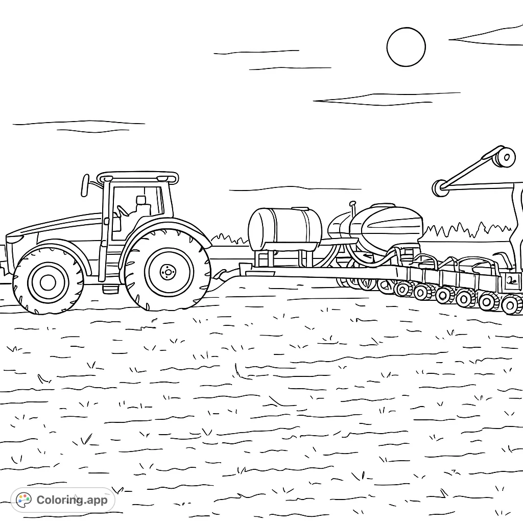 A detailed farm tractor pulls a large planter across an open field under a sunny sky. Perfect for kids and adults who love farm machinery.