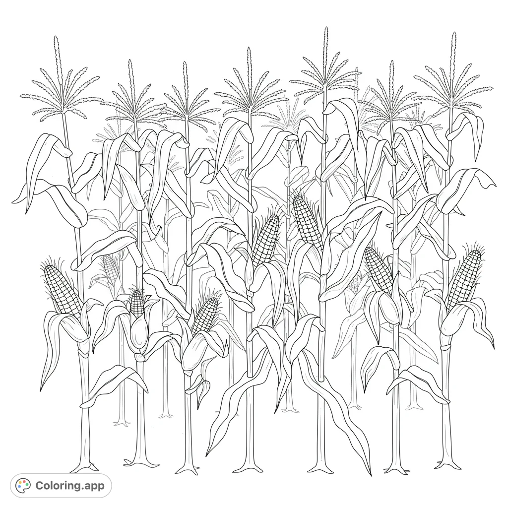 A bountiful cornfield coloring page featuring tall stalks, broad leaves, and ripe ears of corn, perfect for a free printable coloring page.
