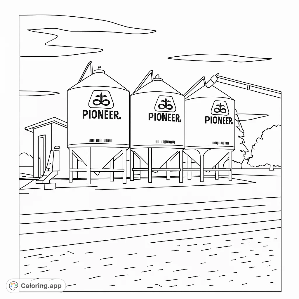 A serene rural farm scene featuring three prominent grain silos, a small building, and expansive fields under a cloudy sky, perfect for coloring.