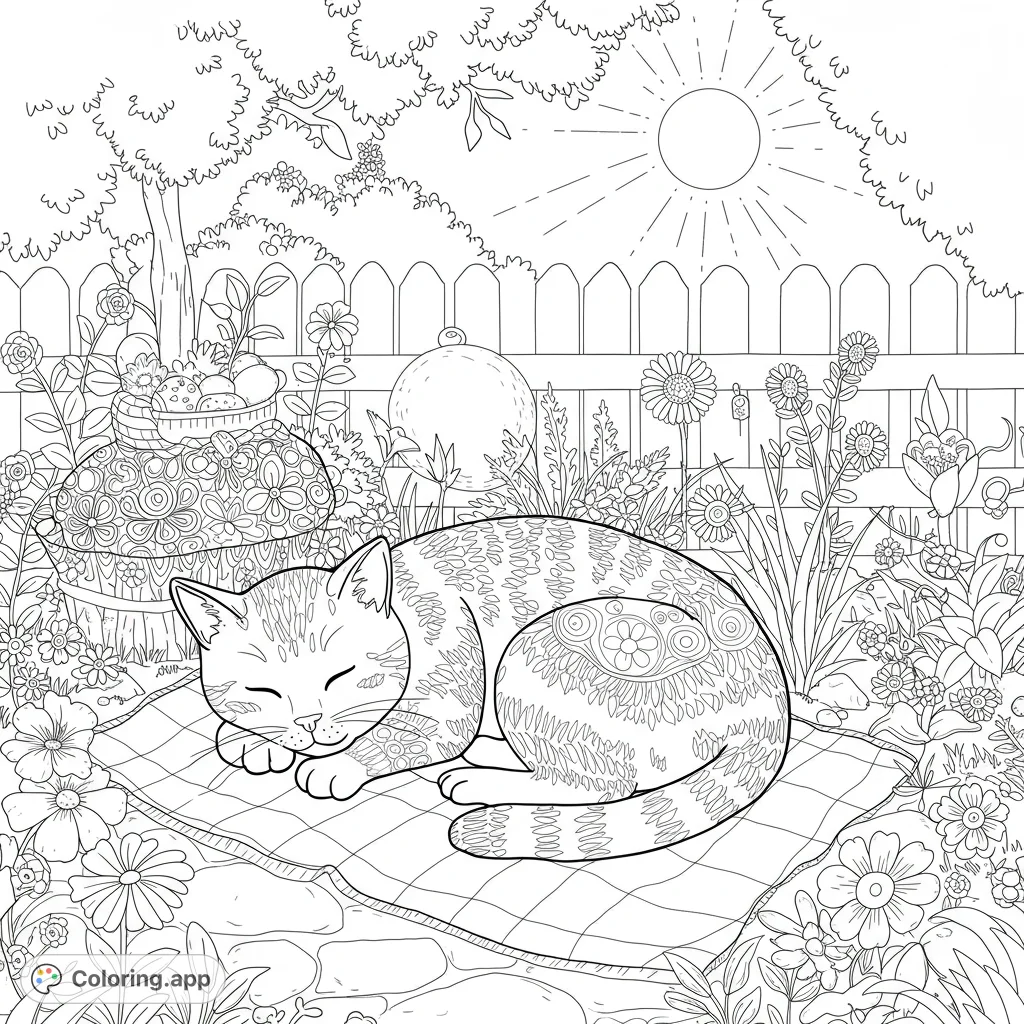 A peaceful cat sleeps on a mat in a detailed garden, surrounded by intricate flowers, a fruit basket, and a sunny fence. Perfect for mindful coloring.