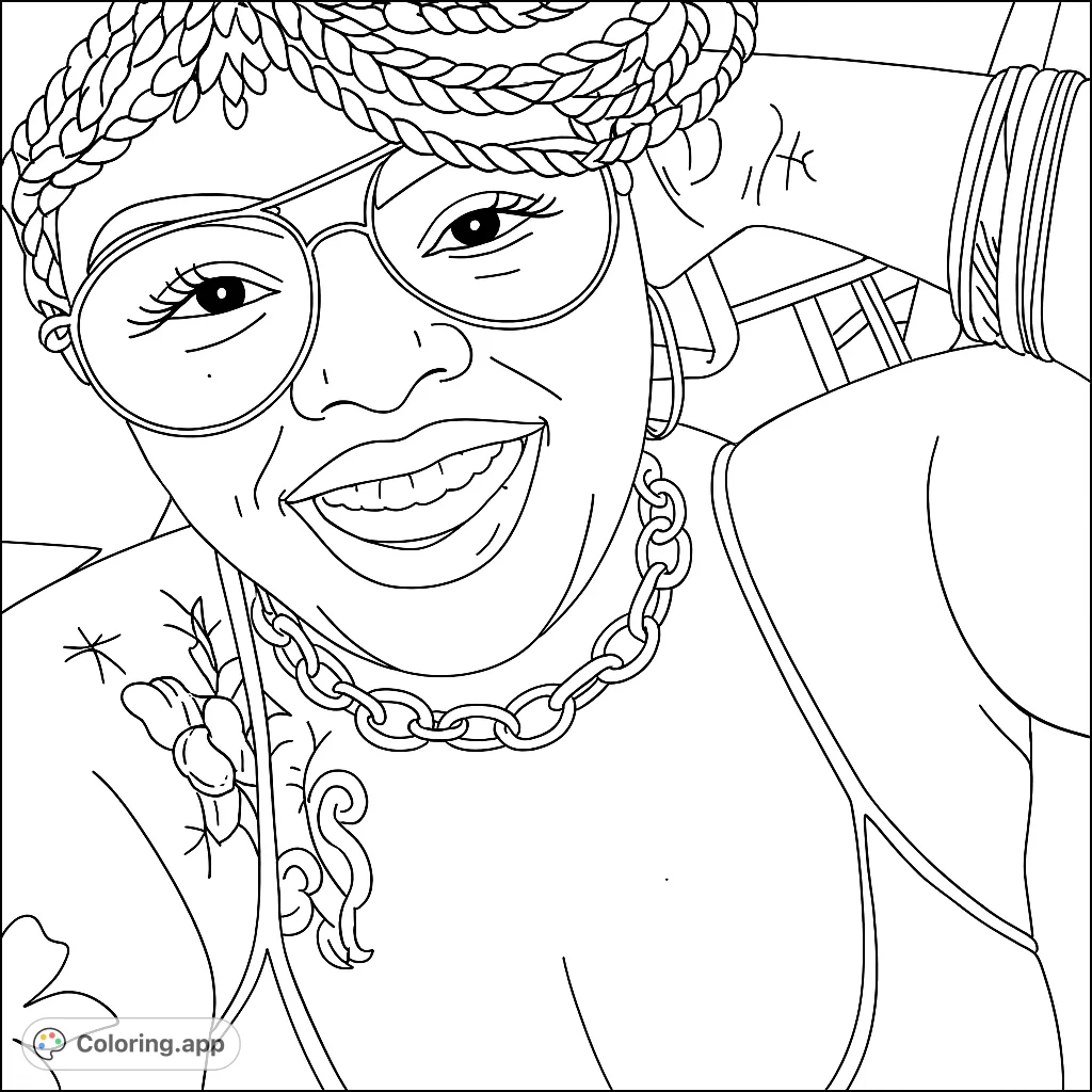 A vibrant portrait coloring page featuring a smiling person with braided hair, stylish glasses, and a bold chain necklace, perfect for creative expression.