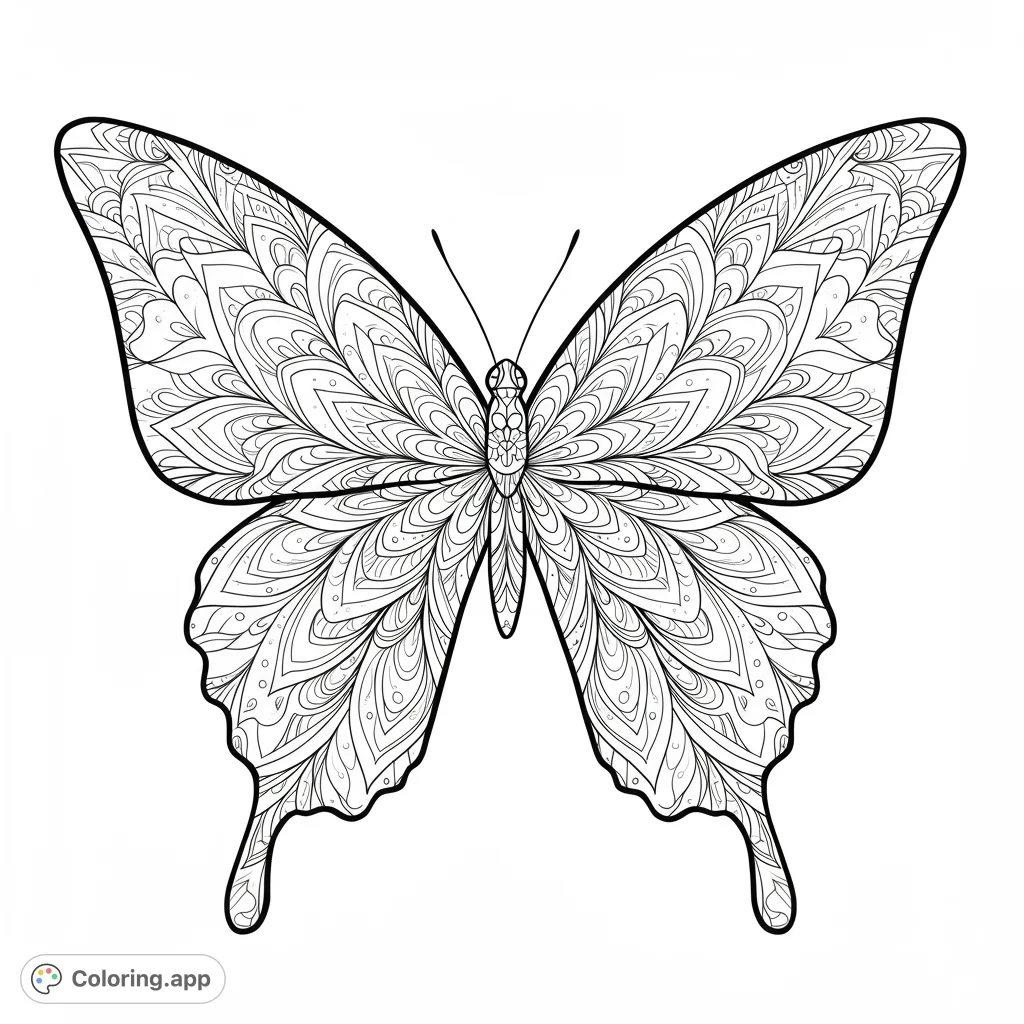 An intricate butterfly coloring page featuring detailed, symmetrical patterns on its wings, perfect for mindful coloring and creative expression.
