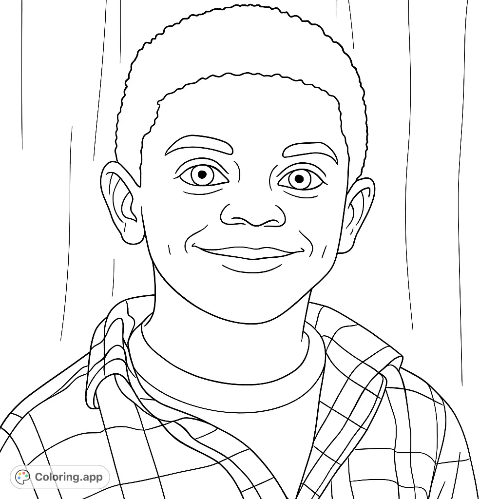 A cheerful young boy with a bright smile and dimples, wearing a plaid shirt, ready for vibrant colors. A delightful portrait coloring page.