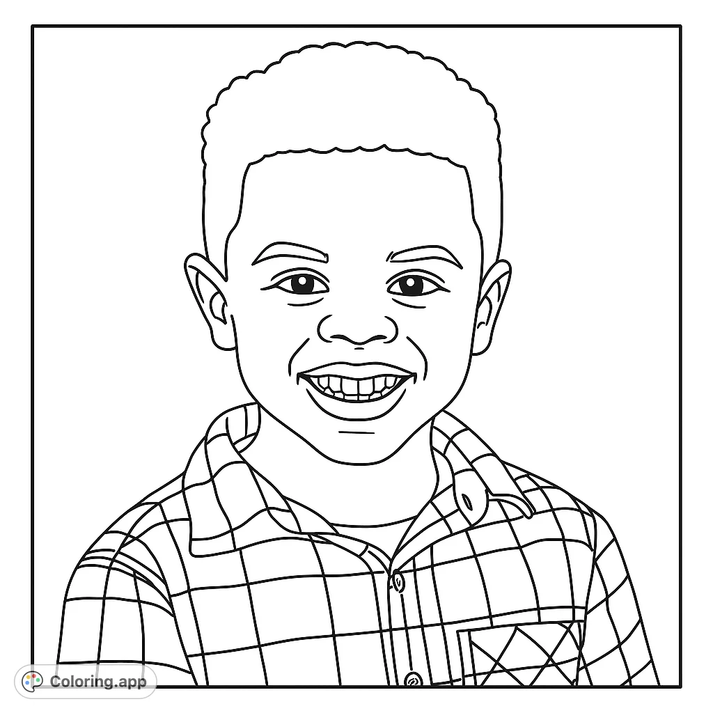 A cheerful boy with a wide smile and curly hair, wearing a plaid shirt. A delightful portrait coloring page for all ages, perfect for creative expression.