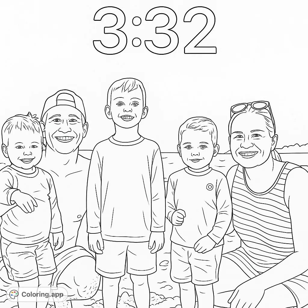 A joyful family of five enjoys a sunny beach day. This free printable family beach day coloring page is perfect for kids and adults to personalize.