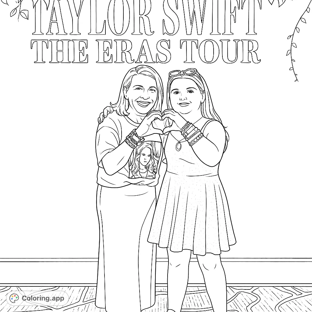 Two joyful fans form a heart with their hands, celebrating a music concert experience. A vibrant free printable coloring page for music lovers.