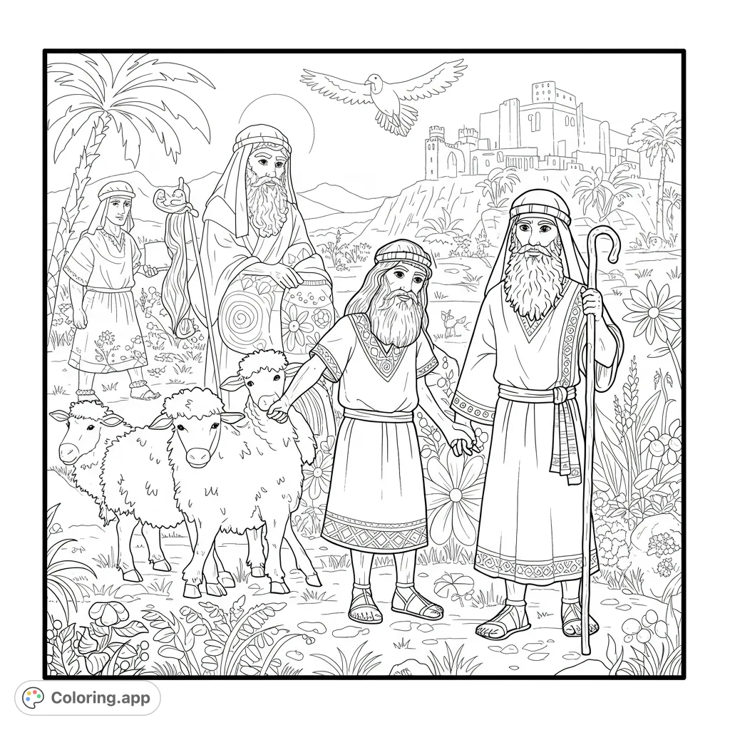 A detailed biblical scene featuring robed figures, a shepherd with his flock of sheep, and an ancient city background. Perfect for historical and religious coloring.