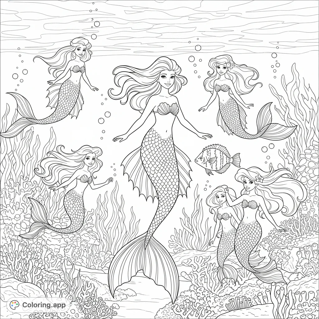 An enchanting mermaid gathering coloring page with a central sparkling mermaid, her friends, and the cheerful Flounder fish in a vibrant marine world.