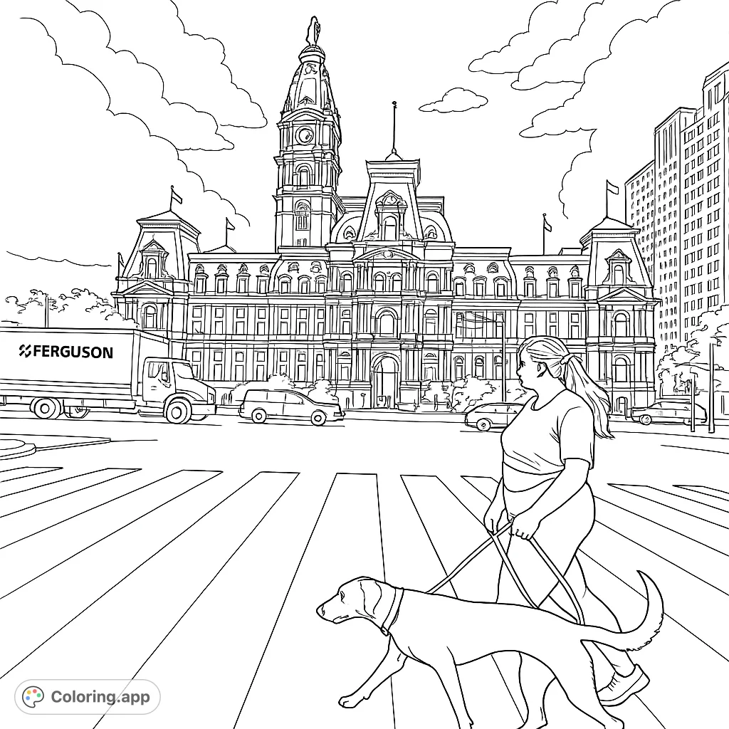 A woman and her dog cross a bustling city street with a grand historic building in the background. A detailed urban cityscape free printable coloring page.