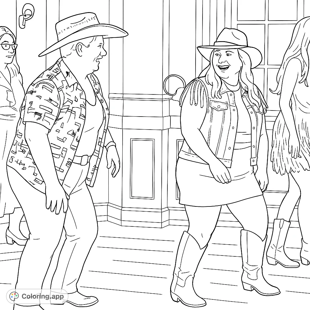 Lively country line dance scene with people in western attire, perfect for a fun, free printable coloring page experience.