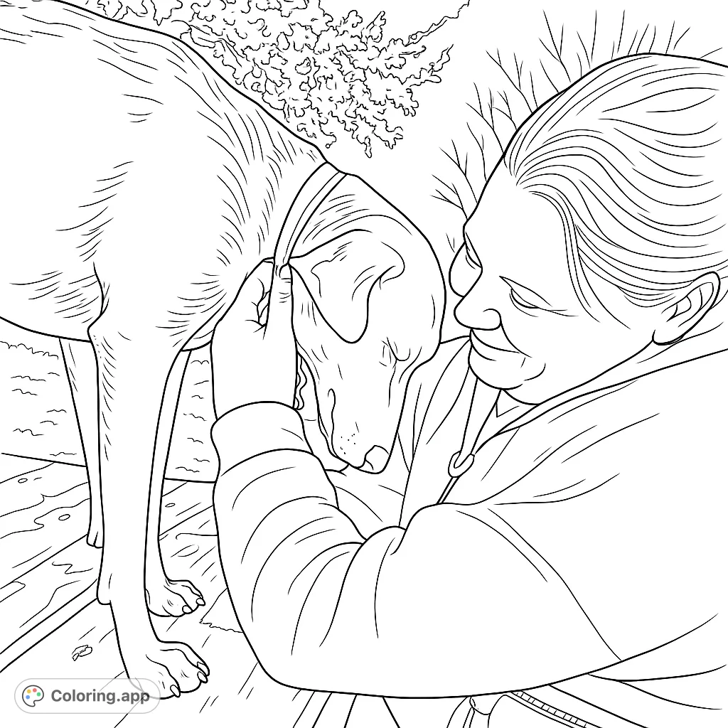 A heartwarming pet bond coloring page featuring a person gently interacting with their dog. A free printable coloring page for all ages.