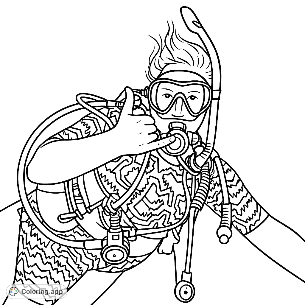 Dive into adventure with this detailed scuba diver coloring page, featuring a diver giving a thumbs-up in full gear with a unique patterned wetsuit.