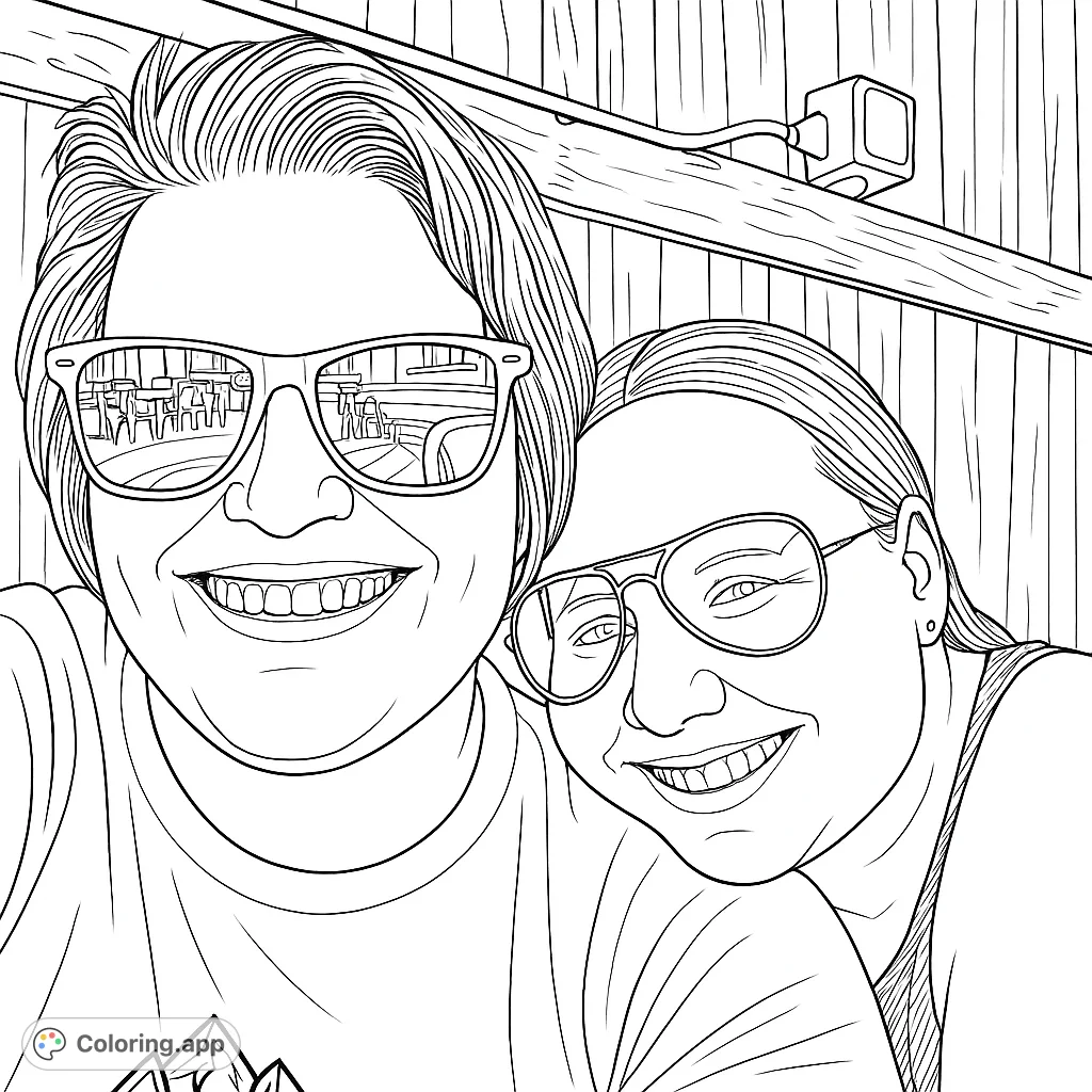 A delightful free printable people coloring page featuring two smiling individuals in sunglasses, with reflections of an indoor scene. Perfect for all ages.