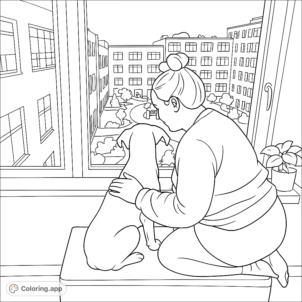 A heartwarming scene of a person and their dog looking out a window at a bustling cityscape. Perfect for a relaxing coloring experience.