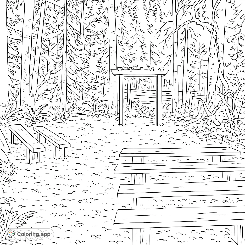 A serene woodland scene featuring rustic wooden benches and a charming archway, inviting you to relax and color this peaceful nature setting.